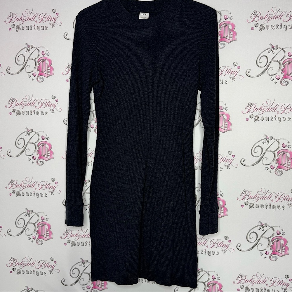 TNA dress waffle knit thermal mock neck dark grey stretchy comfy warm classic